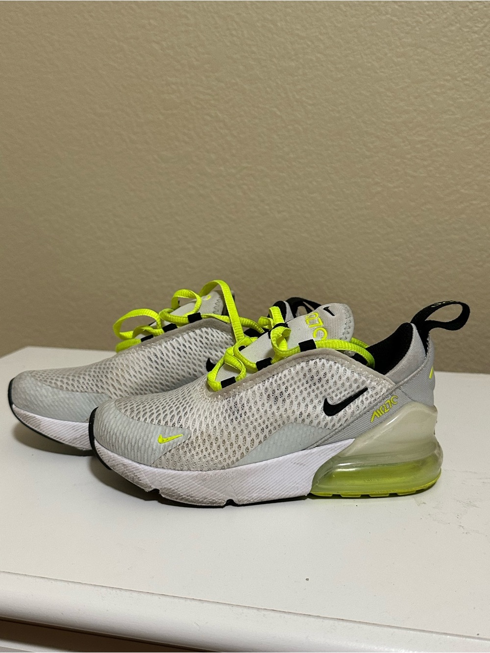 EASILY WASHABLE | Nike Kids' Air 270 React Sneakers in Light Gray and Volt